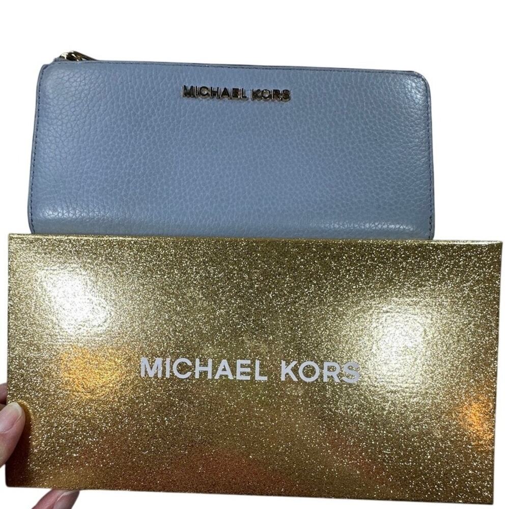Michael Kors Adele Continental Wallet Blue Pebble Leather Gold Box